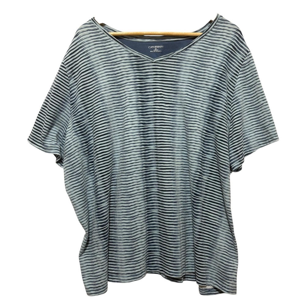 Catherines Womens Top 2X Blue White Stripe Relaxed Fit Casual Travel Comfort